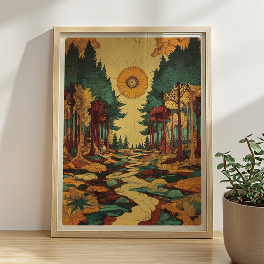 Hochgewachsene Kiefern im Gegenlicht mit goldenen Sonnenstrahlen durch das dichte Laub.. Rahmen natur 30x40