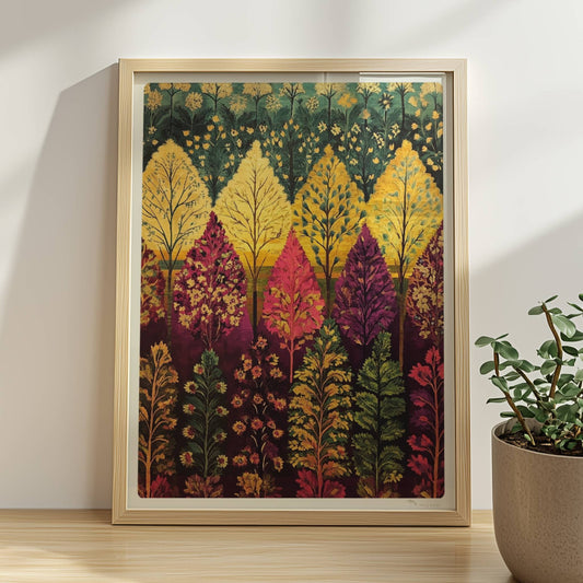 Abenddämmerung im Wald mit violetten Schatten und weichem Licht zwischen den Baumstämmen.. Rahmen natur 30x40