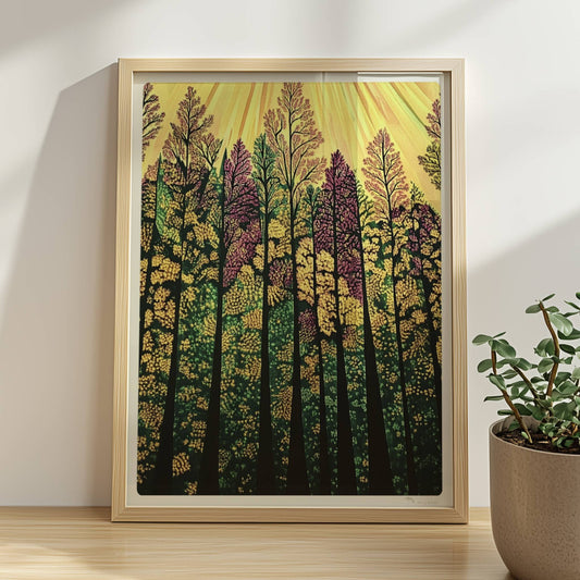 Dunkler Nadelwald mit Nebelschwaden und geheimnisvoller Stimmung im Morgengrauen.. Rahmen natur 30x40