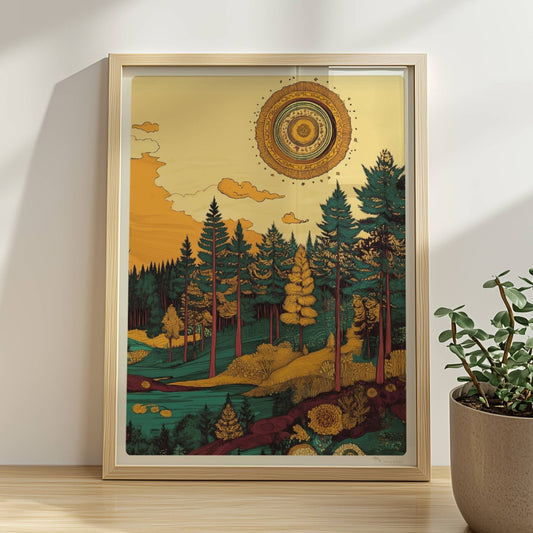 Goldene Sonnenstrahlen brechen durch die Baumkronen eines lichten Mischwaldes am Nachmittag.. Rahmen natur 30x40