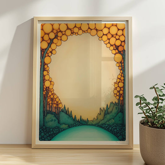 Runde Waldlandschaft in Pastelltönen, kreisförmig wie ein Mandala, mit stilisierten Bäumen und sanftem Farbverlauf.. Rahmen natur 30x40