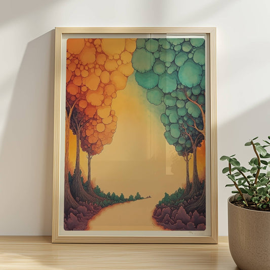 Dekorative Waldszene mit geometrischen Formen, sanften Pastellfarben und reduzierter Tiefe.. Rahmen natur 30x40