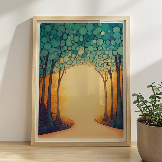 Stilisierte Waldlandschaft in Vektor-Ästhetik mit klaren Linien, Farbflächen und einem modernen Grafik-Look.. Rahmen natur 30x40