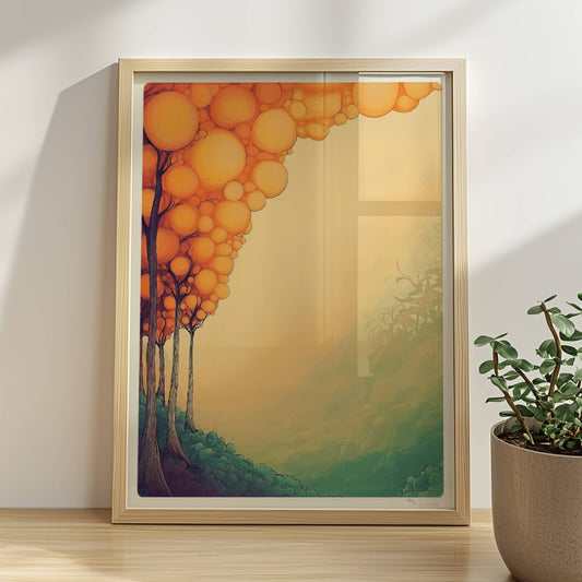 Abstrakte Waldkomposition in weichen Farben mit runden Formen und dekorativer Ornamentik.. Rahmen natur 30x40