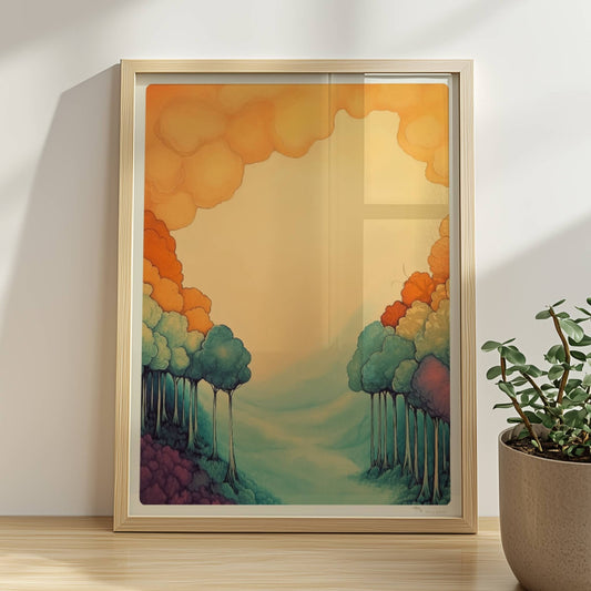 Ornamentale Waldszene mit pastelligen Farbverläufen, stilisierten Baumformen und harmonischer Symmetrie.. Rahmen natur 30x40