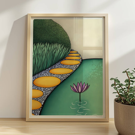 Zen Garten mit Lotusblume, Weg aus glatten Steinen am Wasser mit Gras und hohen grünen Büschen, heller gelber Hintergrund.. Rahmen natur 30x40