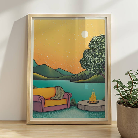 Lagerfeuer in der Abenddämmerung inmitten einer ruhigen Waldlandschaft mit weichem Licht und warmen Farben.. Rahmen natur 30x40