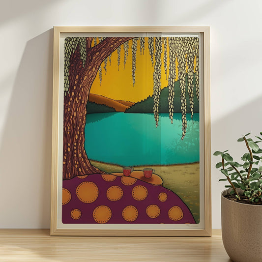 Picknick am See mit ruhigem Wasser und natürlicher Uferlandschaft, sonniger Himmel und friedliche Atmosphäre.. Rahmen natur 30x40