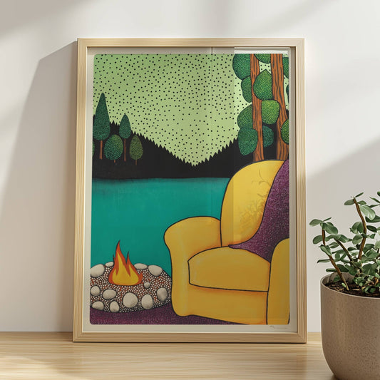 Sessel mit Blick auf die Berge und ruhiges Tal bei Sonnenuntergang, friedliche und entspannende Naturkulisse.. Rahmen natur 30x40