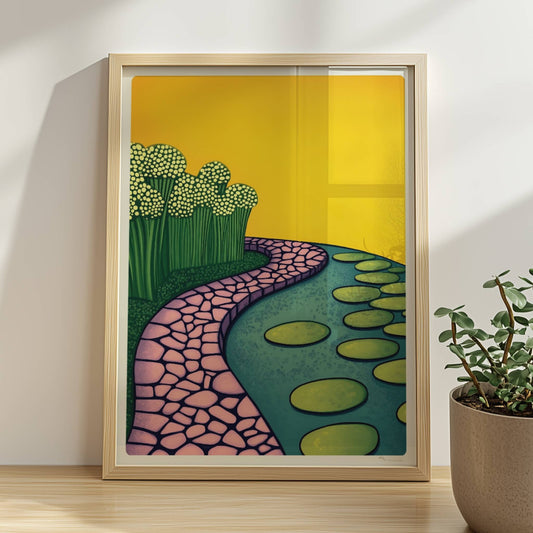 Naturpfad mit Wasserlilien entlang eines ruhigen Teiches, blauer Himmel und friedliche Landschaft.. Rahmen natur 30x40