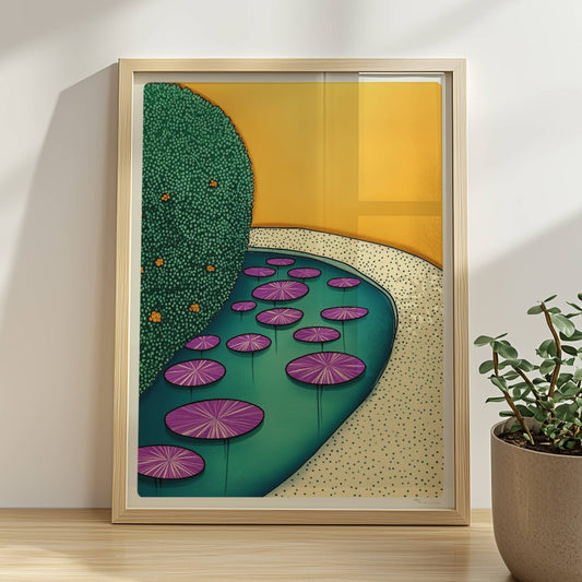 Seerosen in der goldenen Stunde auf ruhigem Wasser mit warmem Licht und friedlicher Atmosphäre.. Rahmen natur 30x40