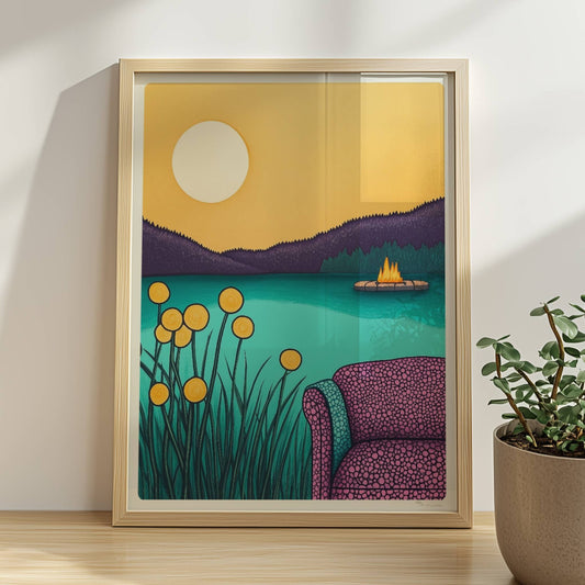 Abendliche Idylle am Wasser mit ruhigem See, weichem Licht und friedlichem Sonnenuntergang.. Rahmen natur 30x40