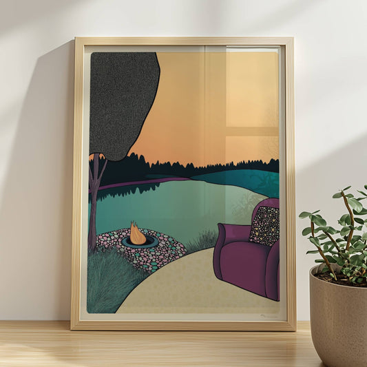 Einladung zum Entspannen an ruhigem Seeufer mit natürlicher Vegetation und sanftem Licht.. Rahmen natur 30x40