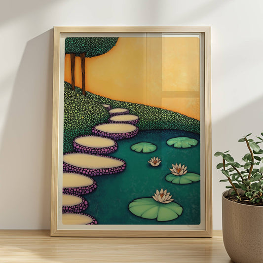 Steintreppe zur Wasserlandschaft mit ruhigem Teich, Pflanzen und weichem Himmelshintergrund.. Rahmen natur 30x40