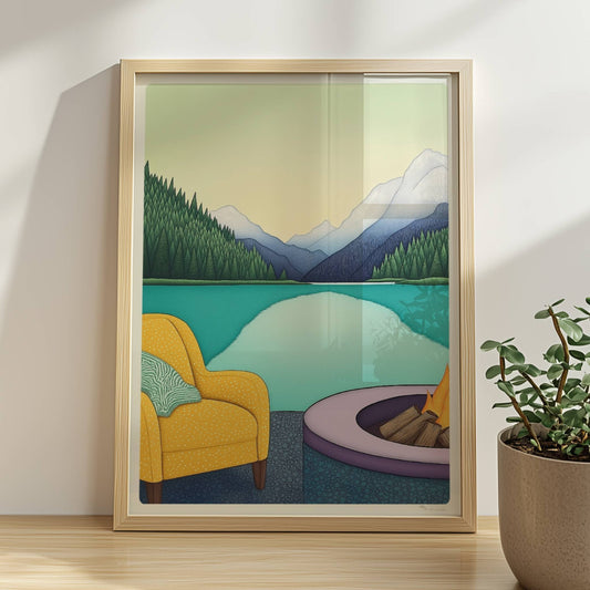 Feuerstelle mit Bergpanorama in ruhiger Naturkulisse, warmes Licht und entspannte Stimmung.. Rahmen natur 30x40