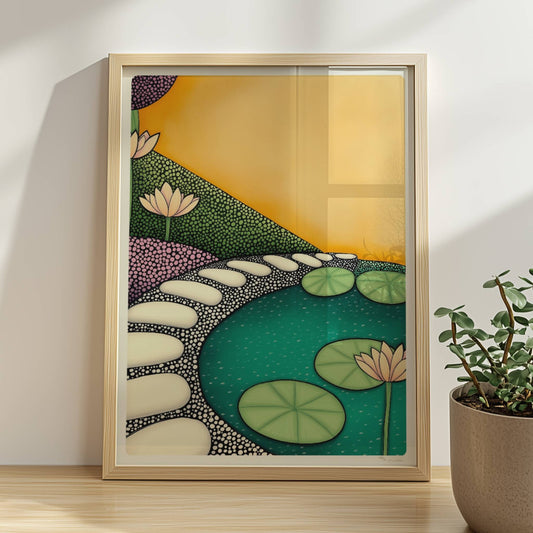 Teich mit schwimmenden Seerosen, ruhiges Wasser und friedliche Naturlandschaft in sanften Farben.. Rahmen natur 30x40