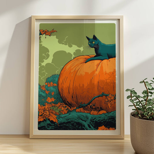 Schwarze Katze liegt auf großem Kürbis im herbstlichen Wald mit geheimnisvoller Atmosphäre.. Rahmen natur 30x40