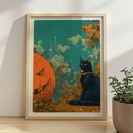 Schwarze Katze sitzt neben geschnitztem Kürbis mit leuchtendem Gesicht im fantasievollen Wald.. Rahmen natur 30x40
