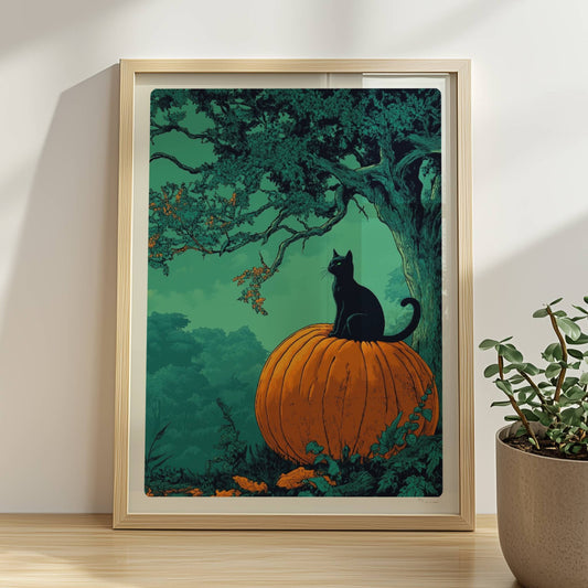 Schwarze Katze auf Kürbis unter orangefarbener Vollmondnacht im dichten Wald, geheimnisvolle Stimmung.. Rahmen natur 30x40