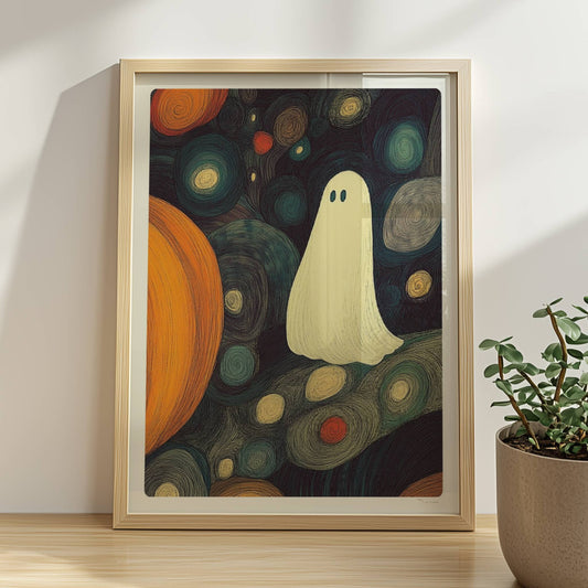 Zwei Kürbisse und ein niedliches Geistwesen schweben in einer blasenartigen Halloween-Landschaft.. Rahmen natur 30x40