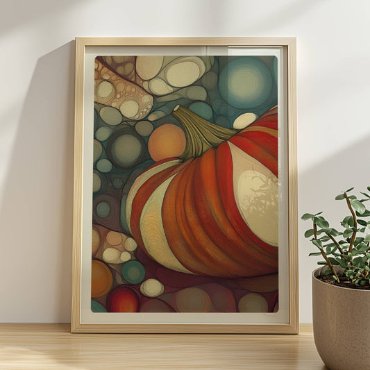 Kürbis mit buntem, gestreiftem Muster in einer organischen Blasenlandschaft, herbstlich dekorativ.. Rahmen natur 30x40