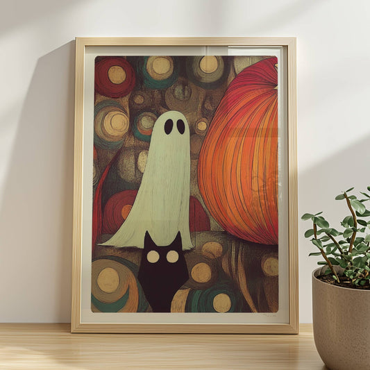 Kleines Geistwesen neben Kürbis in mystischer Blasenlandschaft – fantasievolle Halloween-Szene.. Rahmen natur 30x40