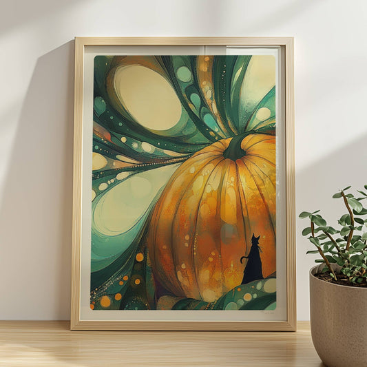 Abstrakter Kürbis mit surrealen Blasenformen und leuchtenden Farben in kunstvoller Komposition.. Rahmen natur 30x40