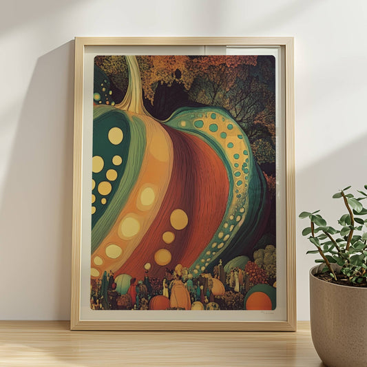 Dreidimensionaler Kürbis mit dynamischen Mustern und kräftigen Herbstfarben in organischem Stil.. Rahmen natur 30x40