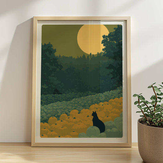 Schwarze Katze wandert durch einen Weg aus Kürbissen bei aufgehendem Mond – mystische Waldszene.. Rahmen natur 30x40