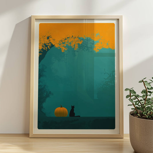 Kleiner Kürbis am Waldrand mit kräftigem Farbspiel aus Orange und Türkis in herbstlicher Stimmung.. Rahmen natur 30x40