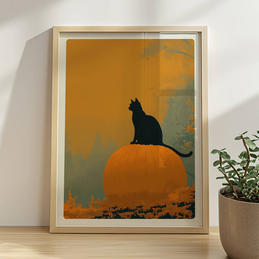Schwarze Katze auf großem Kürbis in einem mystischen Wald, goldenes Licht durch die Bäume.. Rahmen natur 30x40