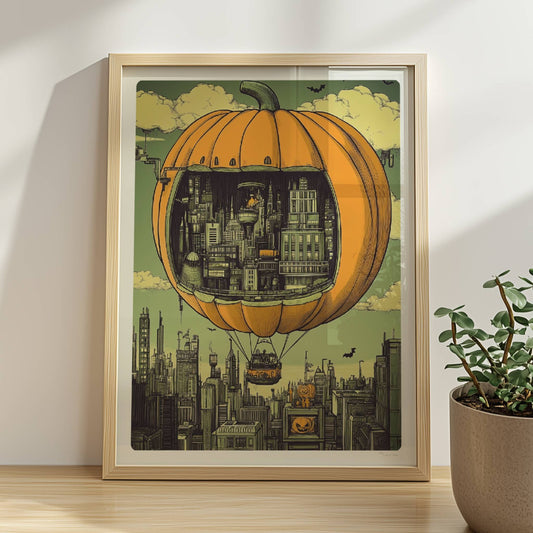 Ein Heißluftballon in Form eines Kürbisses schwebt über einer herbstlichen Stadt mit nostalgischer Atmosphäre.. Rahmen natur 30x40