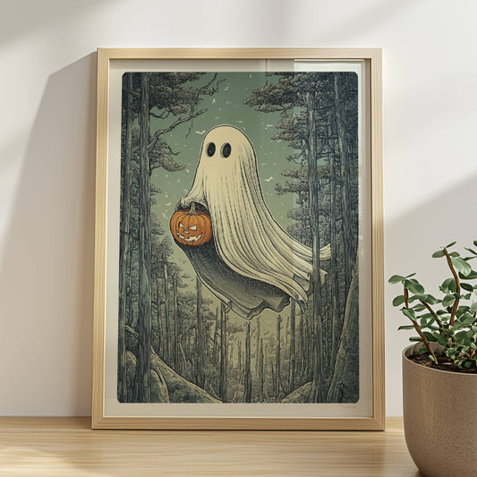 Ein weißes Geistwesen fliegt durch einen dunklen Wald und trägt einen leuchtenden Halloween-Korb.. Rahmen natur 30x40