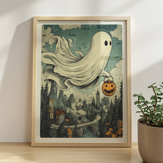 Ein Geist mit leuchtendem Kürbiskorb gleitet über einen nebligen Pfad im Wald, geheimnisvoll und verspielt.. Rahmen natur 30x40