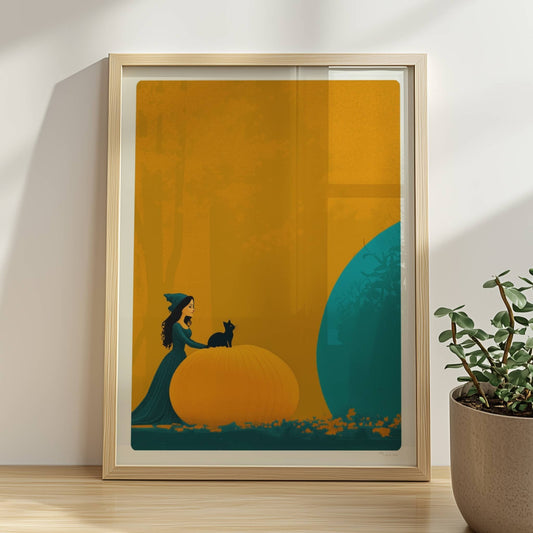 Kleine Hexe betrachtet einen riesigen blauen Kürbis in einer minimalistischen Halloween-Szene.. Rahmen natur 30x40