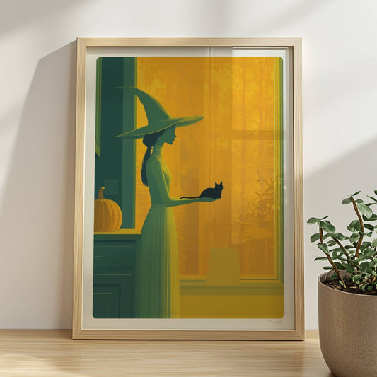 Hexe steht in orangefarbenem Licht mit ausgestreckter Hand, minimalistisch und geheimnisvoll.. Rahmen natur 30x40