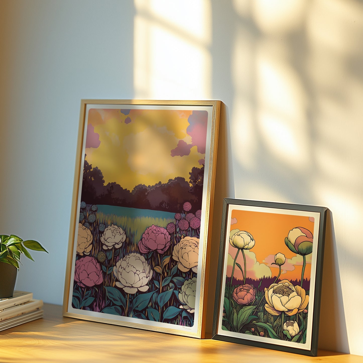 Blumen Poster mit Pfingstrosenbilder und Sonnenuntergang Landschaft