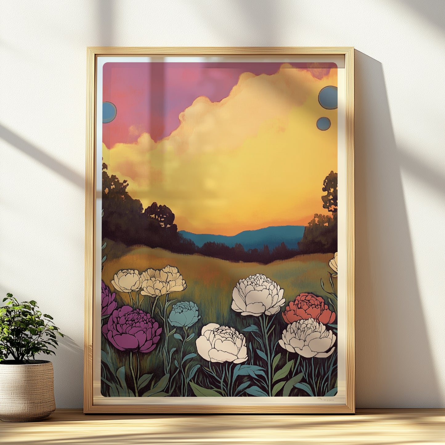 Blumen Poster mit Pfingstrosenbilder und Sonnenuntergang Landschaft