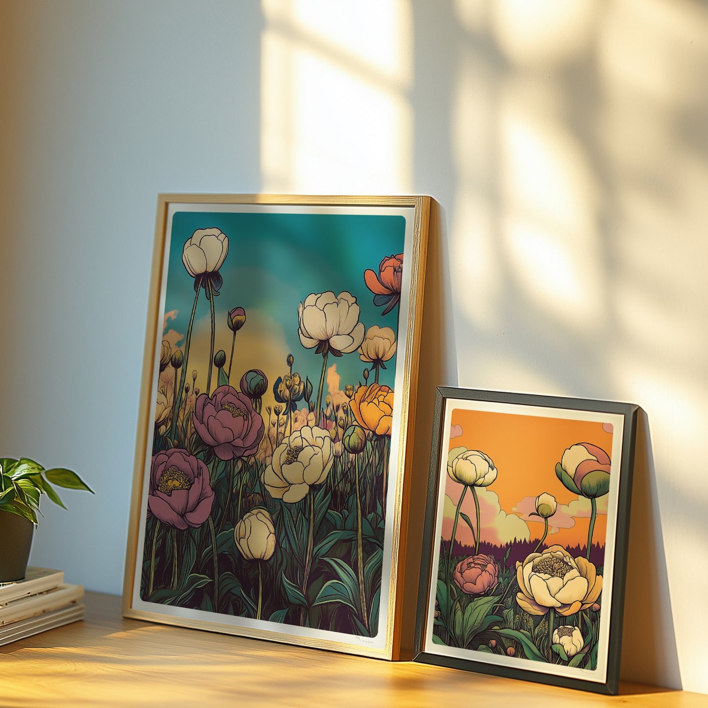 Blumen Poster mit Pfingstrosenbilder und Sonnenuntergang Landschaft