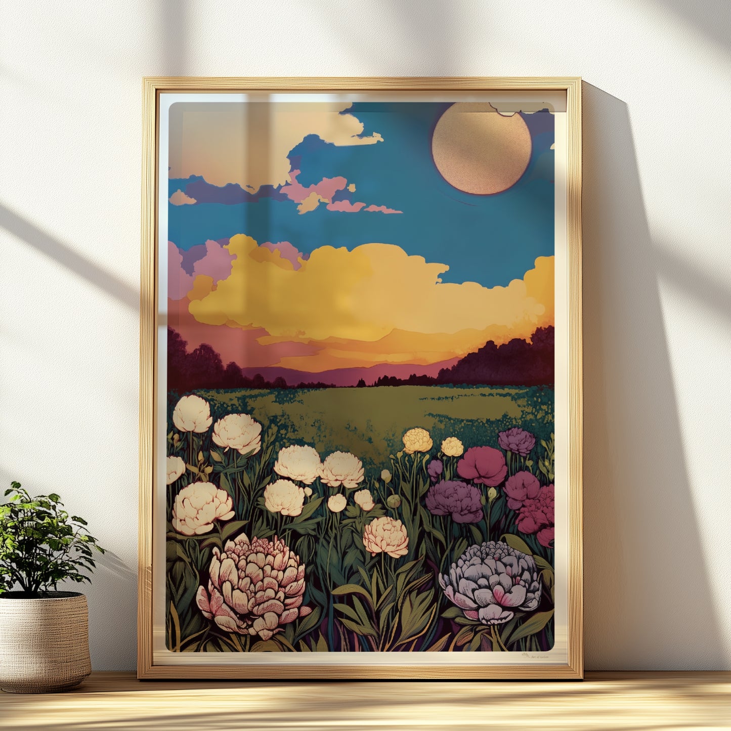 Blumen Poster mit Pfingstrosenbilder und Sonnenuntergang Landschaft