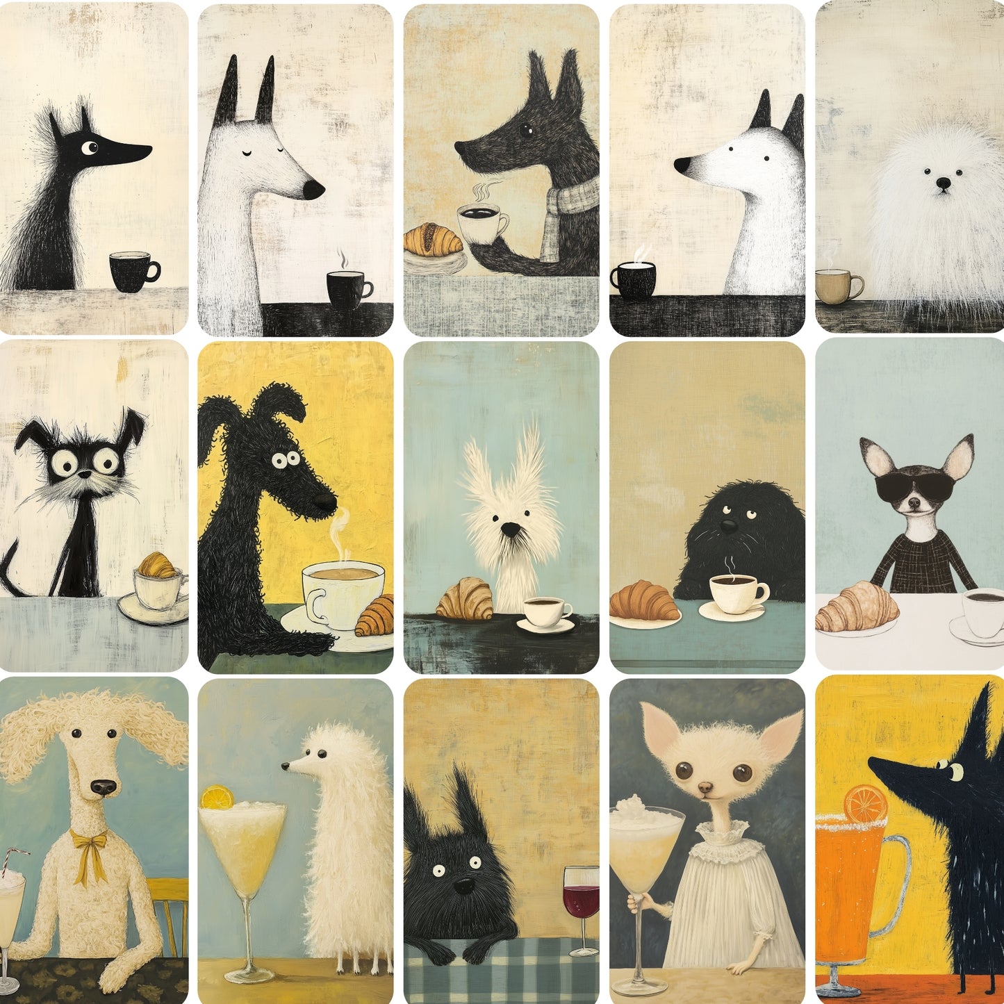Raster Bild von einer Serie Illustration von Hunden mit Getränken. Lustige Hunde mit Getränken als Kaffee oder Wein