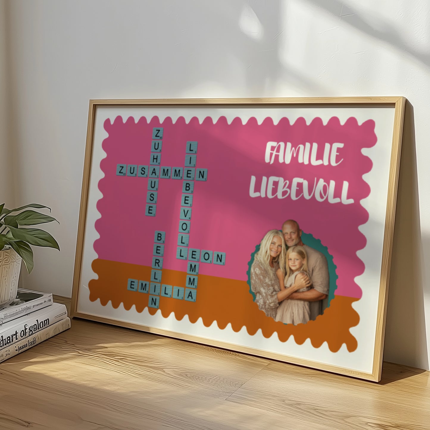 Familie Kreuzworträtsel Geschenkidee Bild Personalisiert. Ein Buntes Gerahmtes Poster Bild von einer Familie mit Kreuzworträtsel mit Wörtern und Text