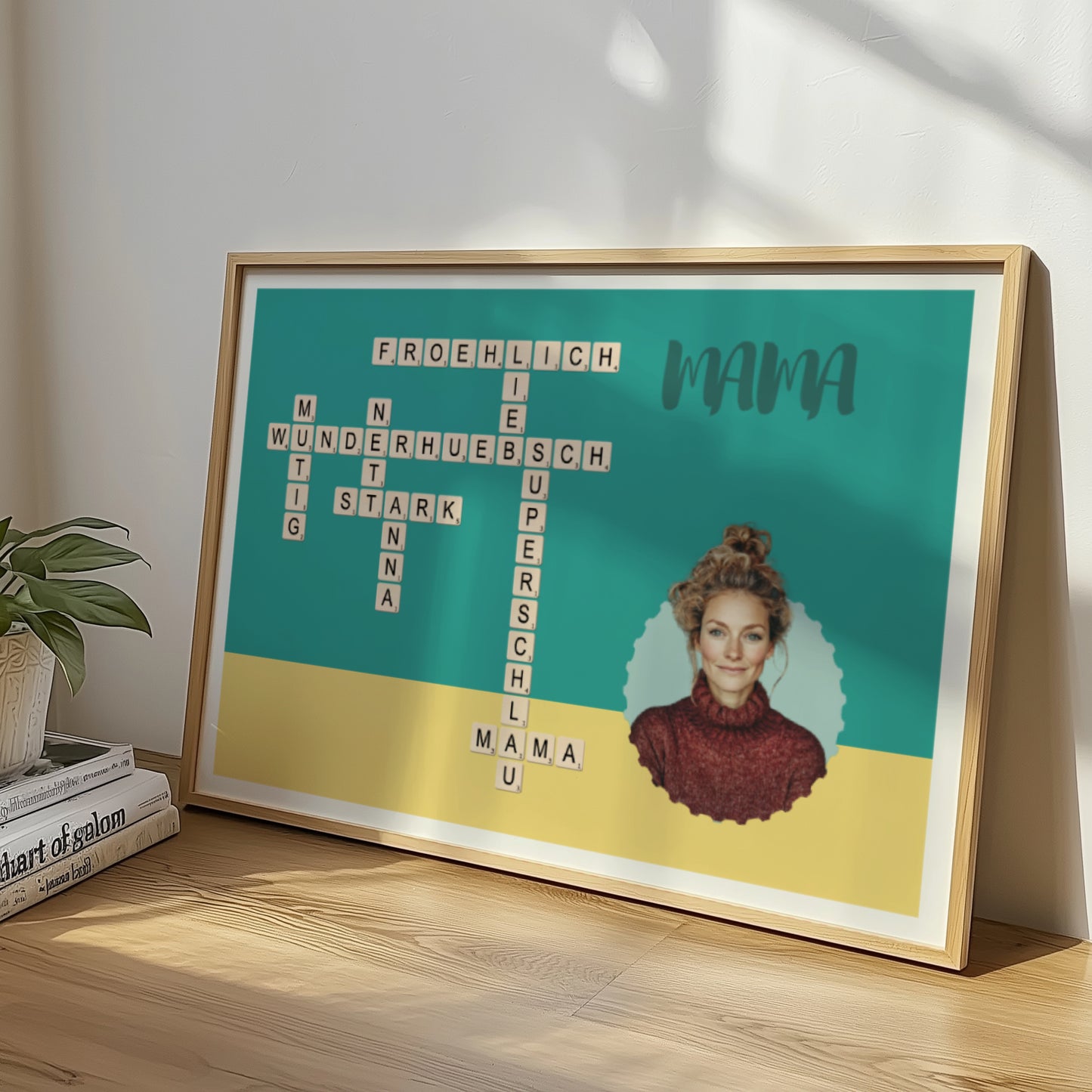 Familie Kreuzworträtsel Bild Geschenkidee für Mama. Ein Buntes Gerahmtes Poster Bild von einer Mama
mit Kreuzworträtsel mit Wörtern und Text. Kreuzworträtsel Bild mit Personalisierung