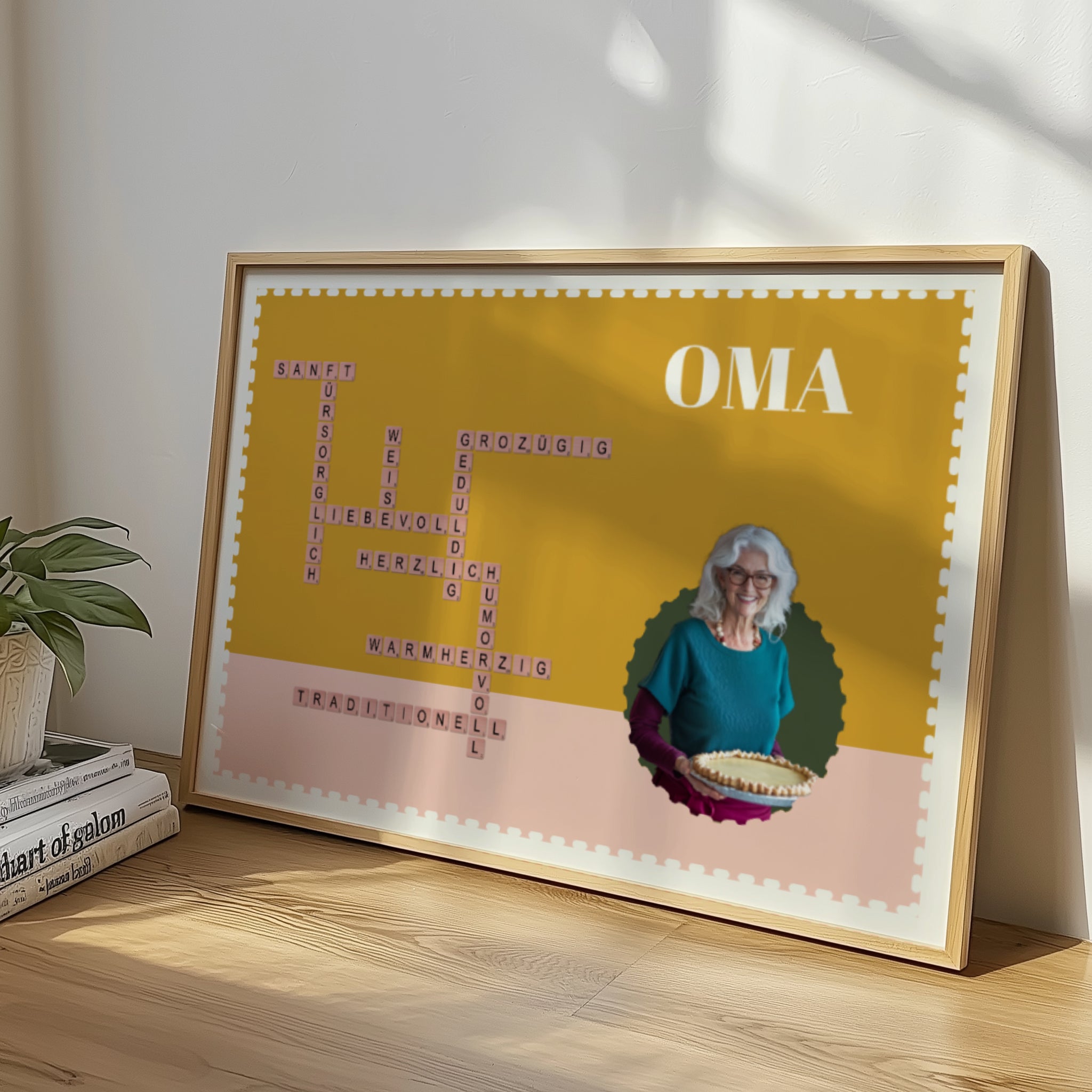Oma Kreuzworträtsel Bild Geschenkidee für Oma. Ein Buntes Gerahmtes Poster Bild von einer Oma mit Kreuzworträtsel mit Wörtern und Text