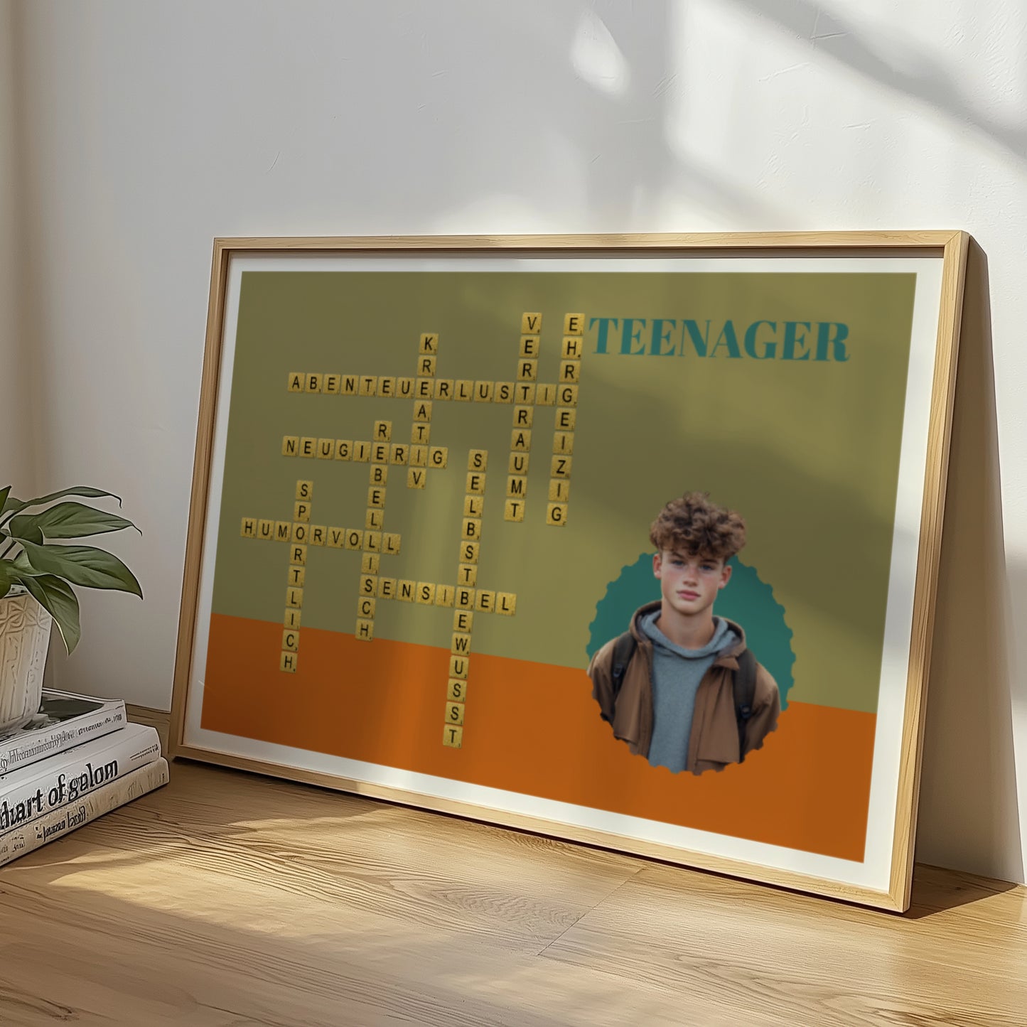 Familie Kreuzworträtsel Bild Geschenkidee für Teenager. Ein Buntes Gerahmtes Poster Bild von einem Teenager Jungen mit Kreuzworträtsel mit Wörtern und Text