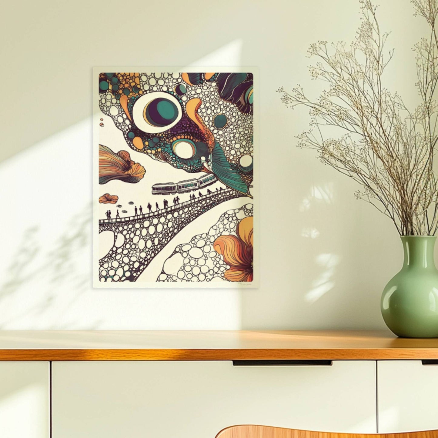 Fantasiereiche Zugreise durch bunte Blasenlandschaft mit Blumen und organischen Formen. Ohne Rahmen 30x40