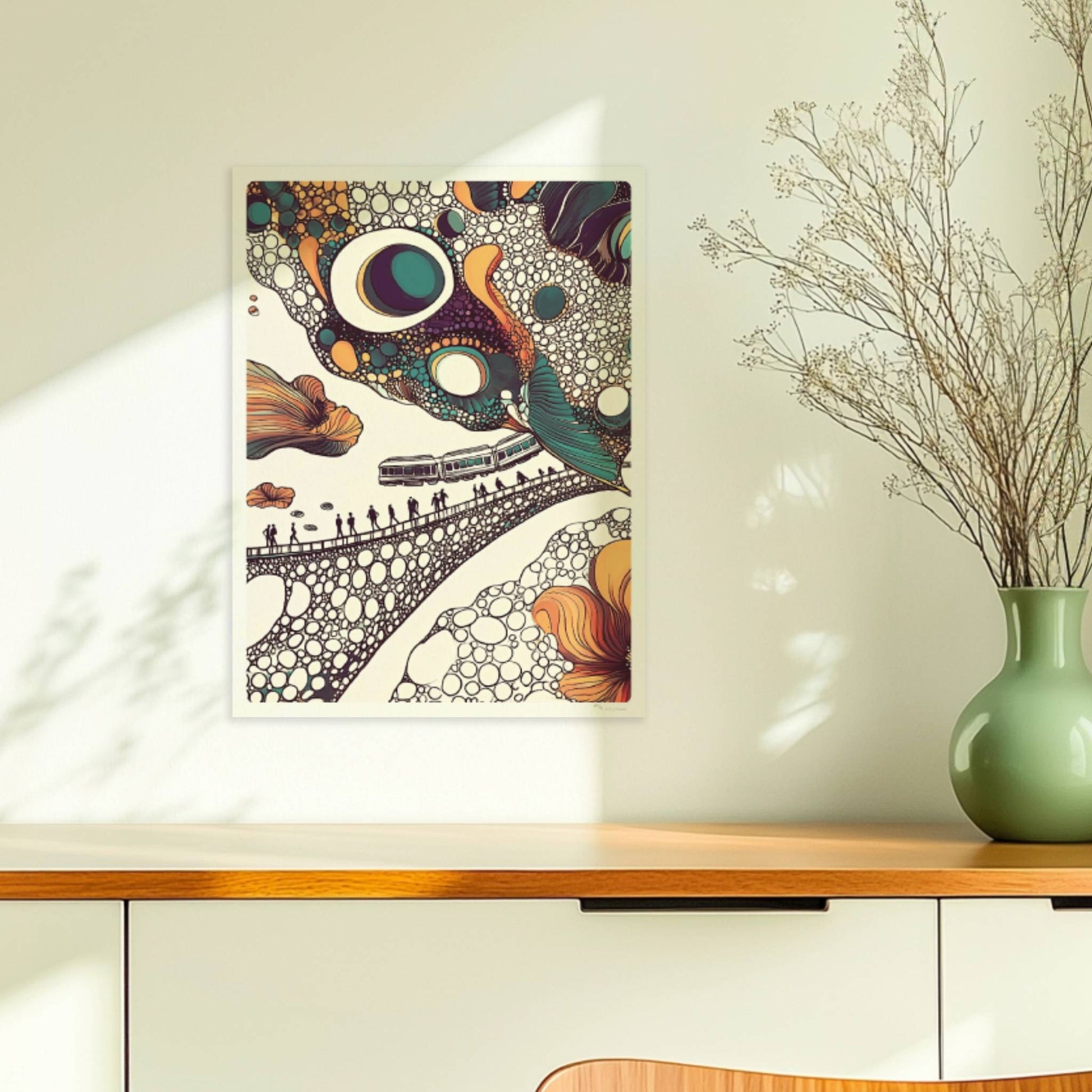 Fantasiereiche Zugreise durch bunte Blasenlandschaft mit Blumen und organischen Formen. Ohne Rahmen 30x40