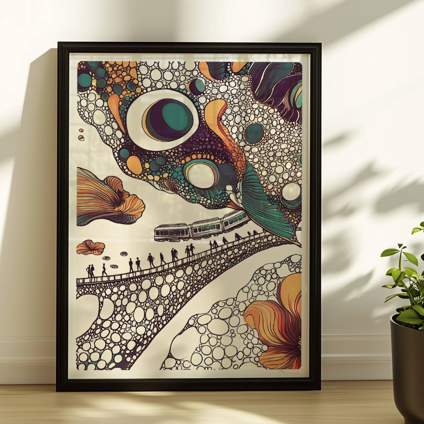 Fantasiereiche Zugreise durch bunte Blasenlandschaft mit Blumen und organischen Formen. Rahmen schwarz 30x40