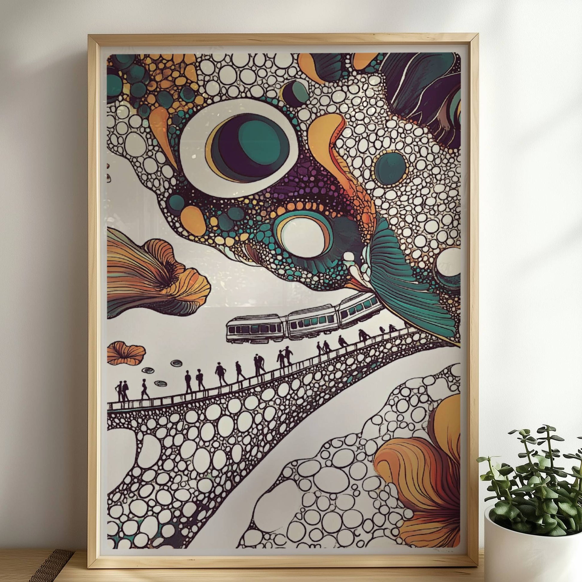 Fantasiereiche Zugreise durch bunte Blasenlandschaft mit Blumen und organischen Formen. Rahmen natur 50x70