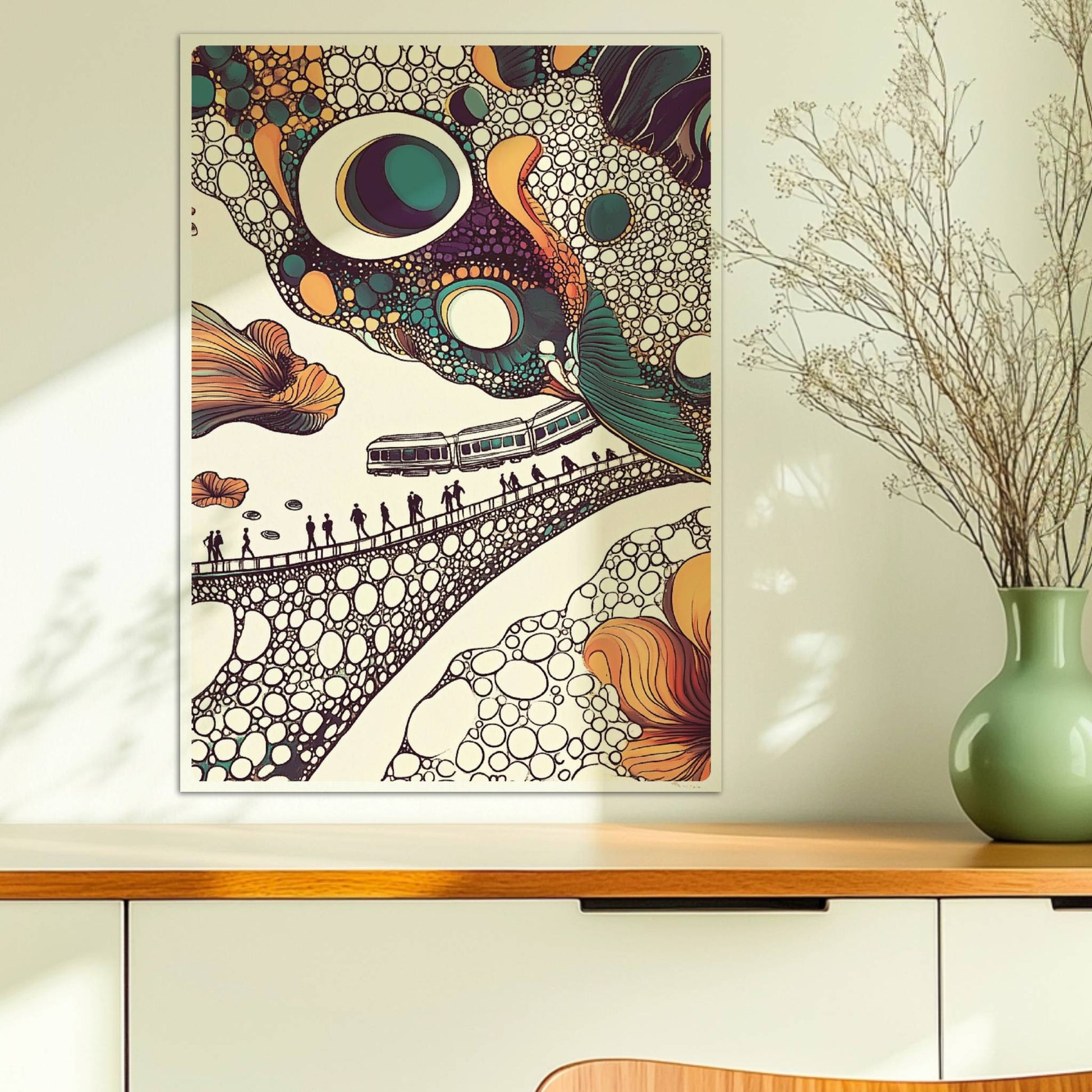 Fantasiereiche Zugreise durch bunte Blasenlandschaft mit Blumen und organischen Formen. Ohne Rahmen 50x70
